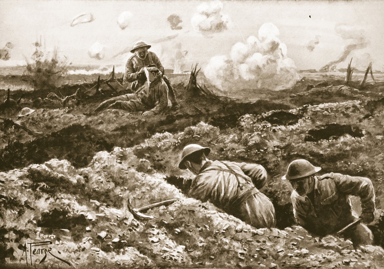 Fungerende sergent J. Erskine bandagerer sin sårede officer, mens han bliver beskudt gentagne gange af Alfred Pearse