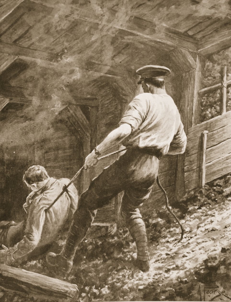 Lance-Corporal Clapson slæber en officer, der var blevet gasset, ud af en mine af Alfred Pearse