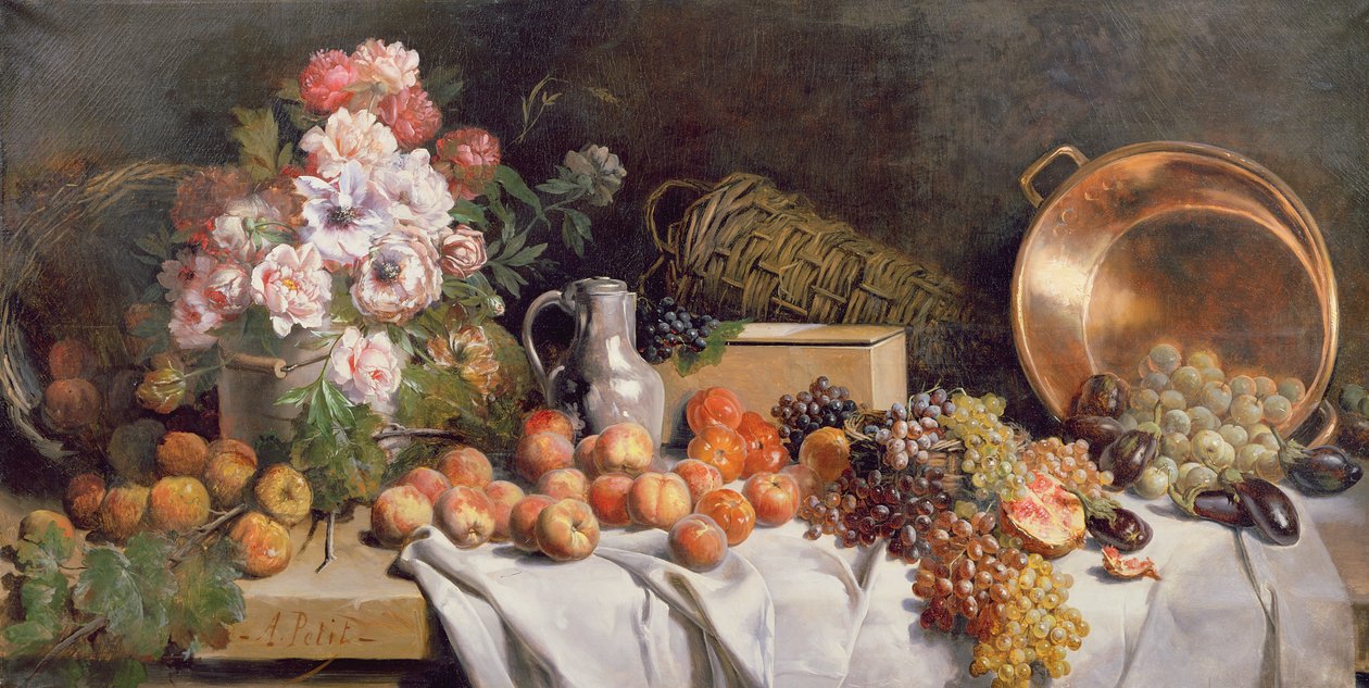 Stilleben med blomster og frugt på et bord af Alfred Le Petit