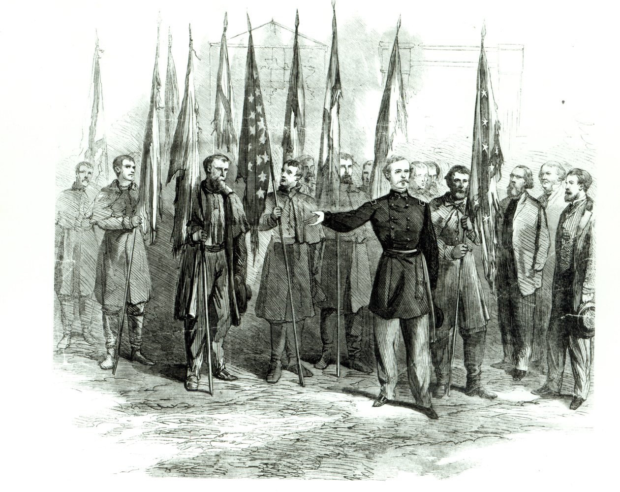 General Custer præsenterede erobrede konfødererede flag i Washington den 23. oktober 1864 af Alfred Rudolph Waud