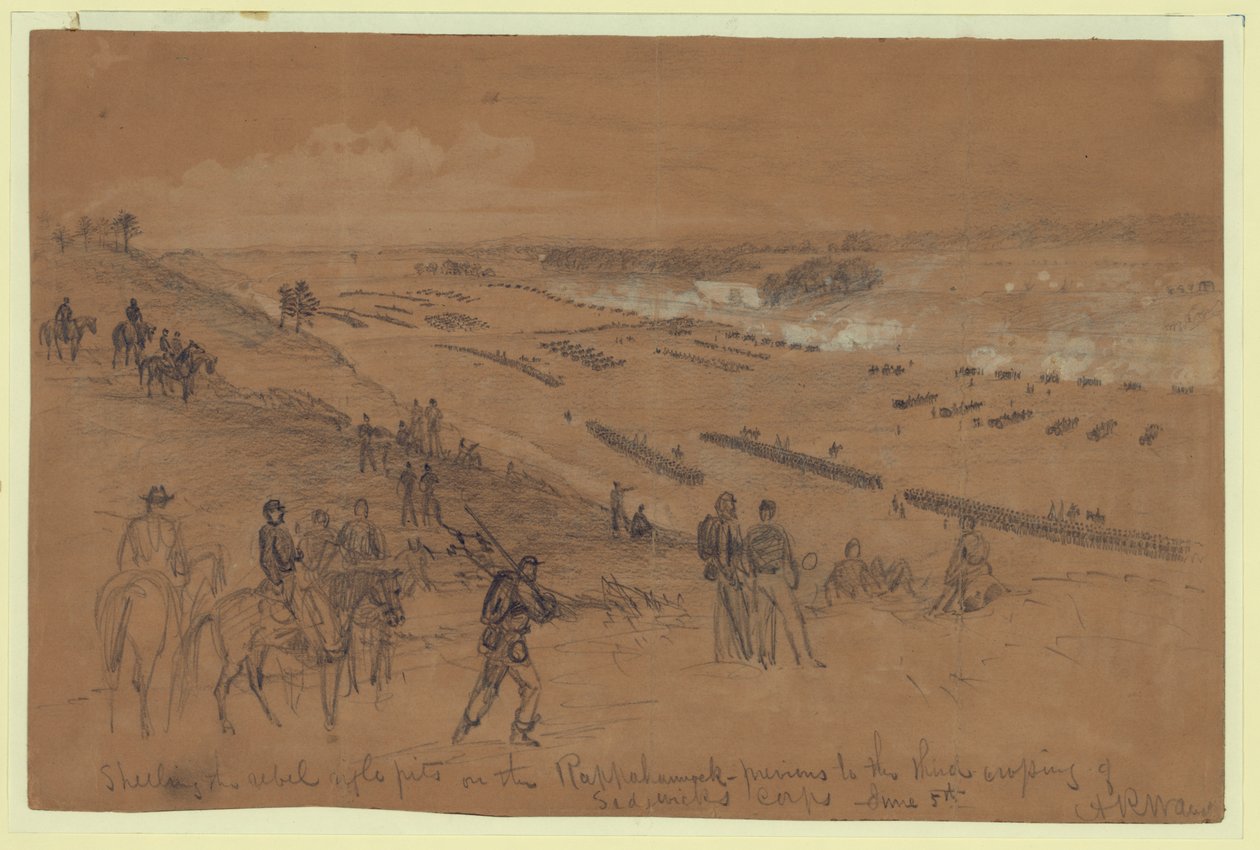 Beskydning af oprørsgeværet på Rappahannock af Alfred Rudolph Waud