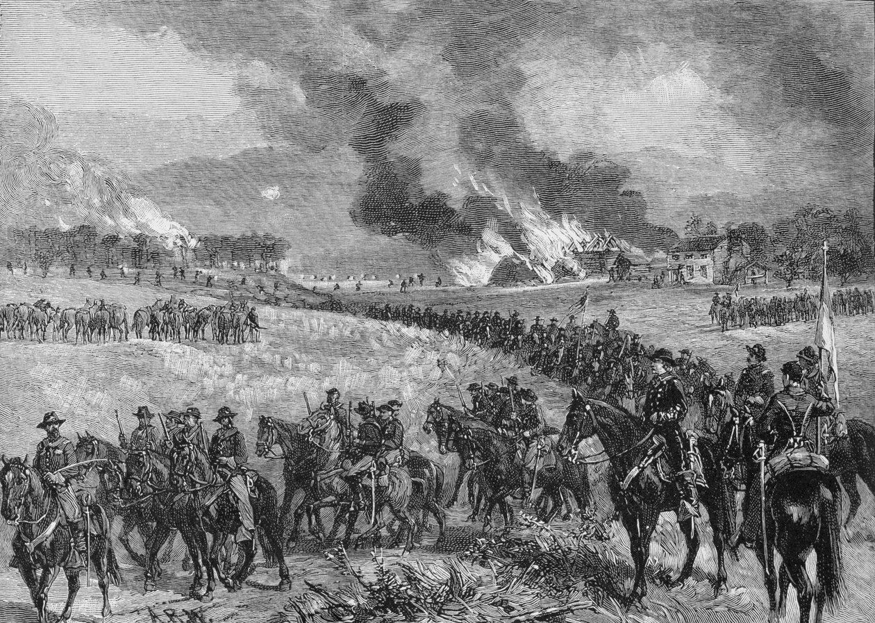Bagvagten: General Custers division trækker sig tilbage fra Mount Jackson, 7. oktober 1864, illustration fra 