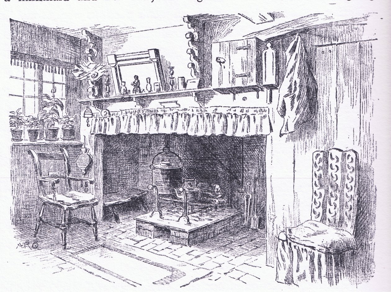 Interiør af et Surrey-hytte, fra The Cottages and the Village Life of Rural England udgivet af Dent & Sons Limited, 1912 af Alfred Robert Quinton