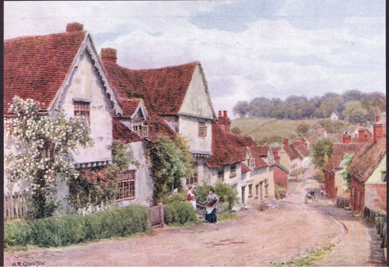 The Village Street, Kersey, Suffolk, fra The Cottages and the Village Life of Rural England udgivet af Dent & Sons Limited, 1912 af Alfred Robert Quinton