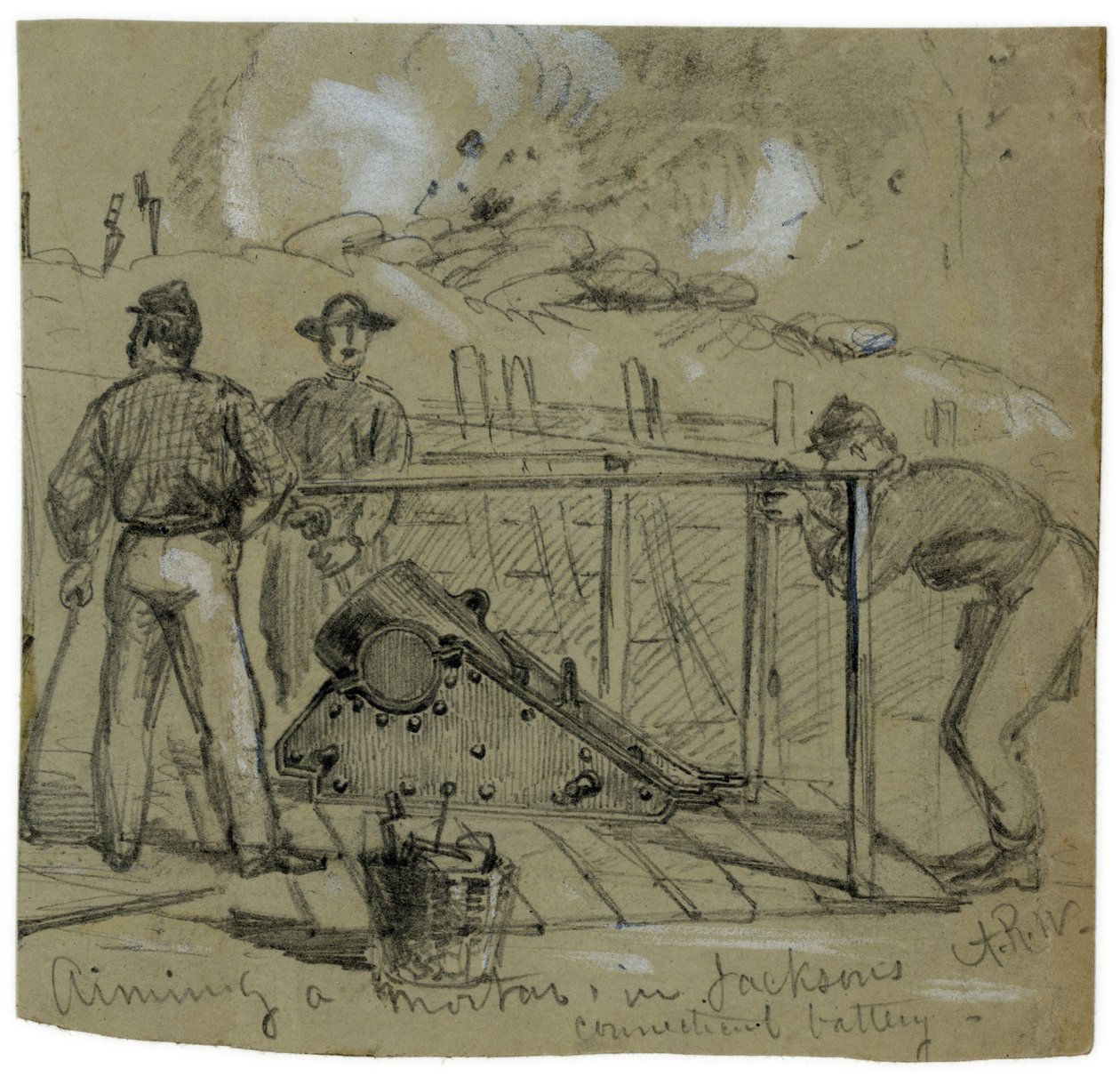 Sigter en 8-tommer unionsbelejringsmørtel i skyttegravene uden for Petersburg, Virginia, som skitseret af Alfred R. Waud af Alfred Rudolph Waud