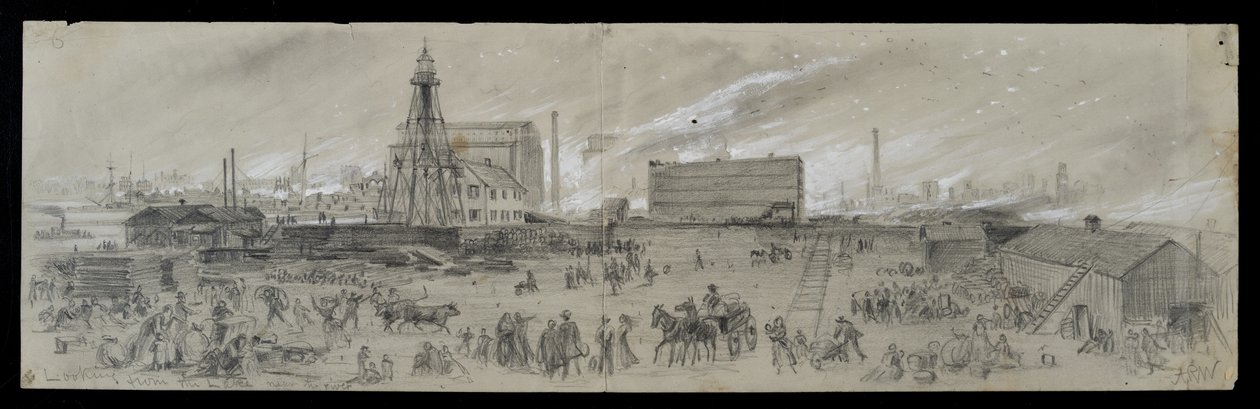 Udsigten fra Lake Michigan nær Chicago-floden under Chicago-branden i 1871 (blyant og kridt på papir) af Alfred Rudolph Waud