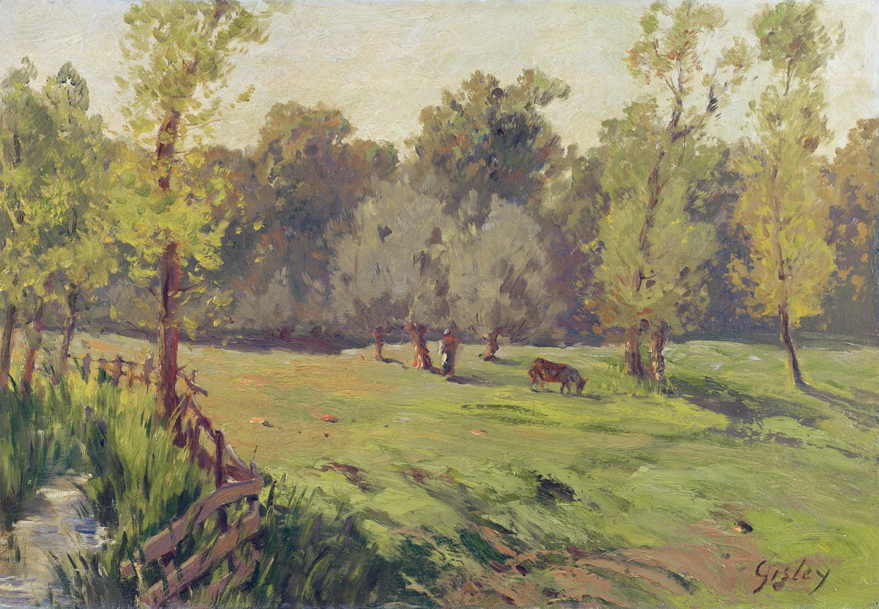En Græsgang med en Strøm og en Indhegning, c.1868 af Alfred Sisley