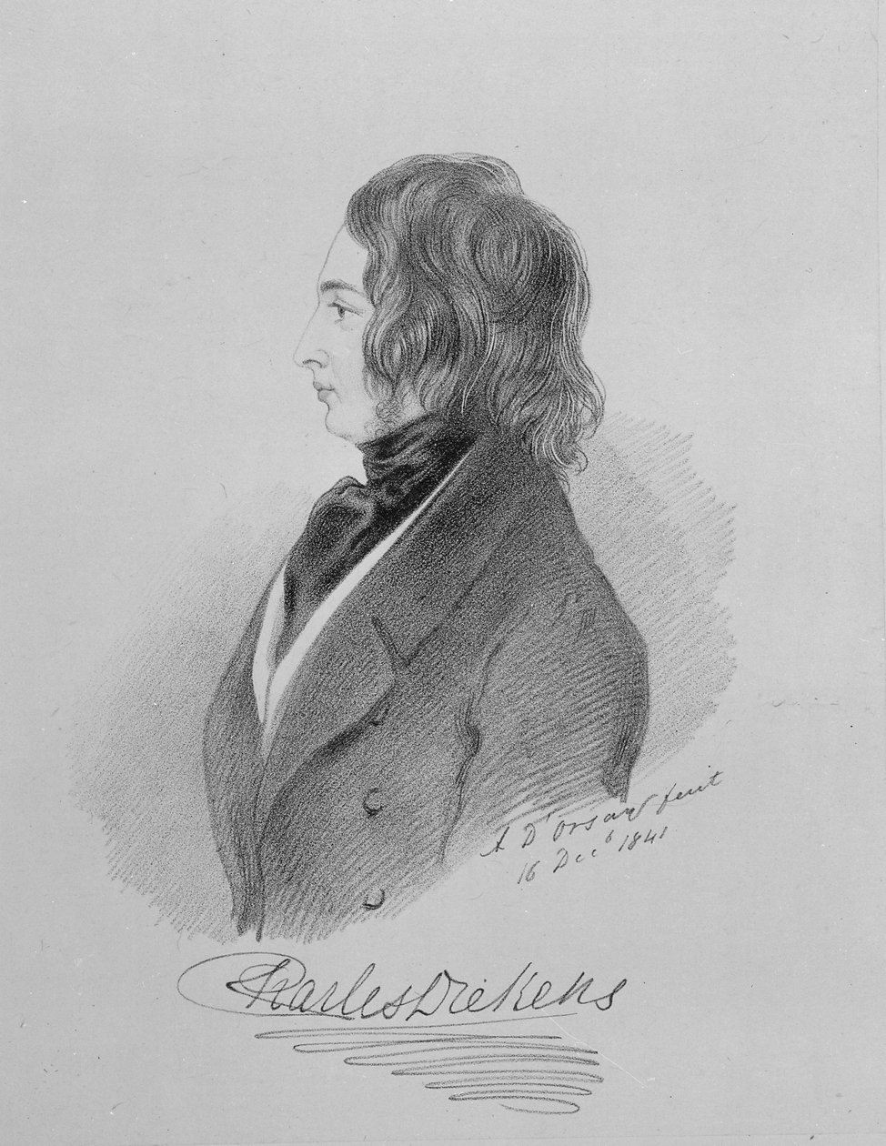 Portræt af Charles Dickens (1812-70) 16. december 1841 (kul på papir) af Alfred d