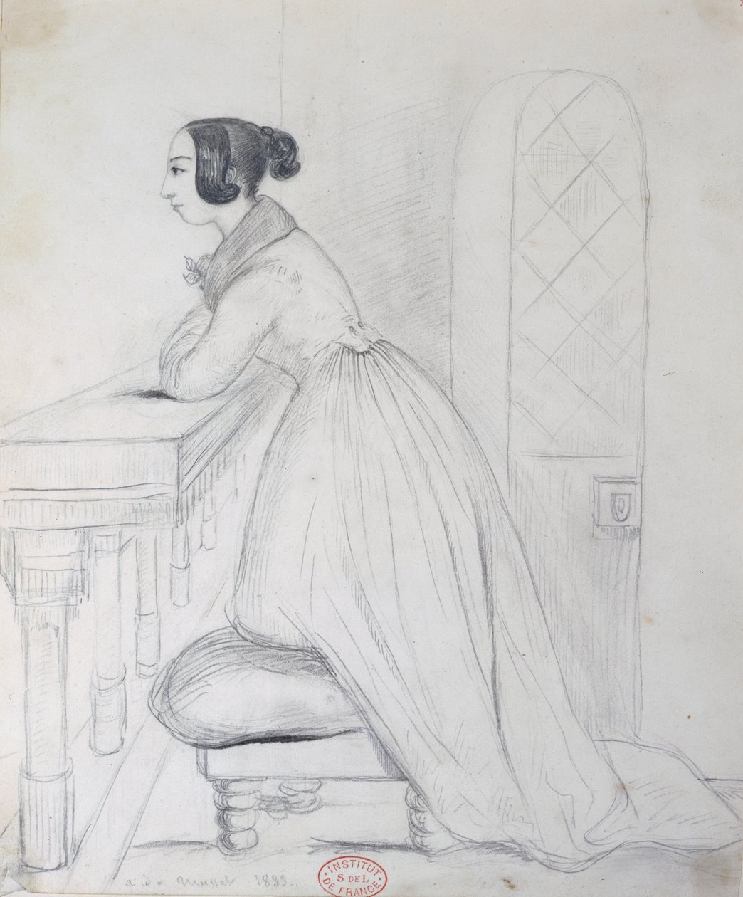 George Sand (1804-76) knælende på en puf og med albuerne på en balustrade, 1833 af Alfred de Musset
