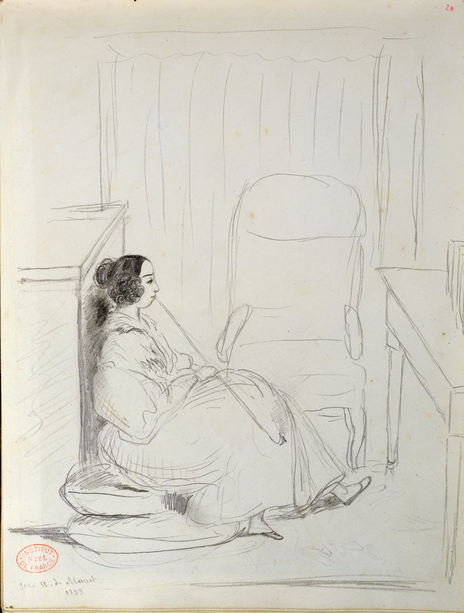 George Sand (1804-76) siddende og rygende på pibe, 1833 af Alfred de Musset