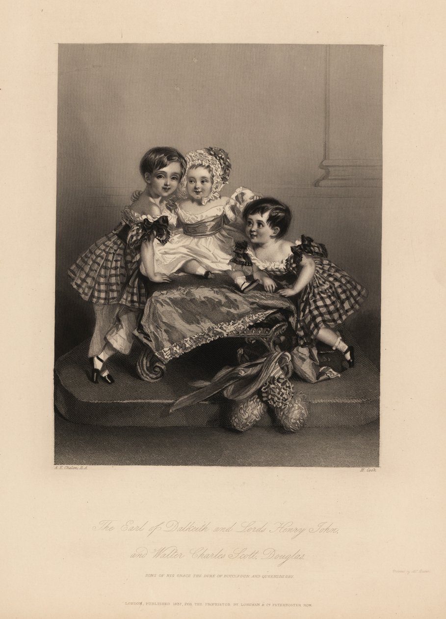 Jarl af Dalkeith (William Henry), Henry John og Walter Charles Scott Douglas, søn af den 5. hertug af Buccleuch, 7. hertug af Queensberry. To sønner bærer skotskternet kjoler med bånd, med den yngste i hætte og satinkjole. Stålstik af H. Cook a af Alfred Edward (after) Chalon
