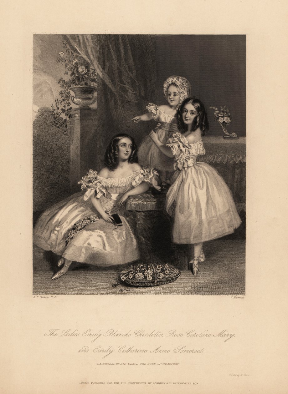 Portræt af Emily Blanche Charlotte, Rose Caroline og Emily Catherine Anne Somerset, døtre af Henry Somerset, 7. hertug af Beaufort. Tre unge søstre med ringlets i satinkjoler med bånd og blonder, balletsko. Stålstik af J. Thomson a af Alfred Edward (after) Chalon