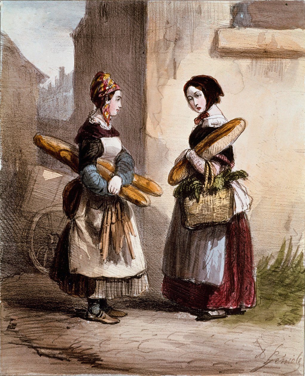 Små metier: bageriet. Ung gående brødhandler. Tryk af Alfred Andre Geniole (1813-1861) fra "Les femmes de Paris" 1841-1842 Paris, Musee Carnavalet af Alfred Andre Geniole