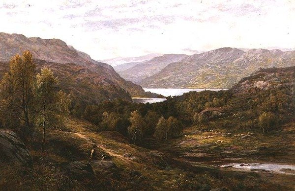 En hyrdedreng med sin hund i et landskab i højlandet af Alfred Augustus Glendening
