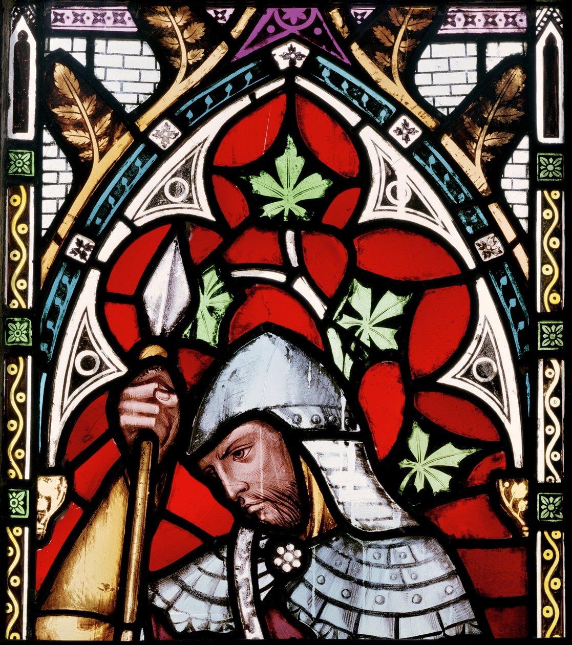 En soldat lytter til John The Baptist Preaching, detalje fra østvinduet, 1857 (farvet glas) af Alfred Bell