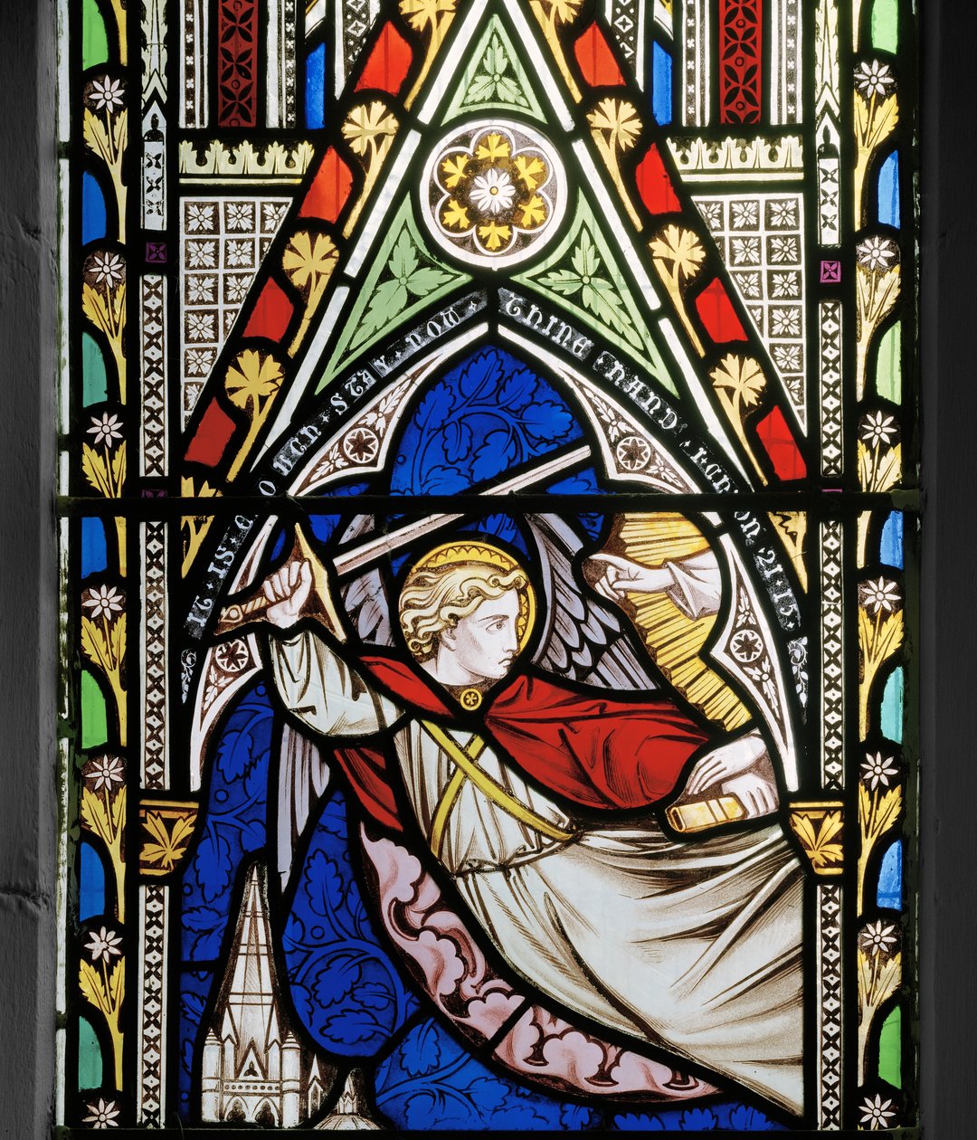 Englen holder sværdet ved tærskegulvet i Araunah, 1856 (farvet glas) af Alfred Bell