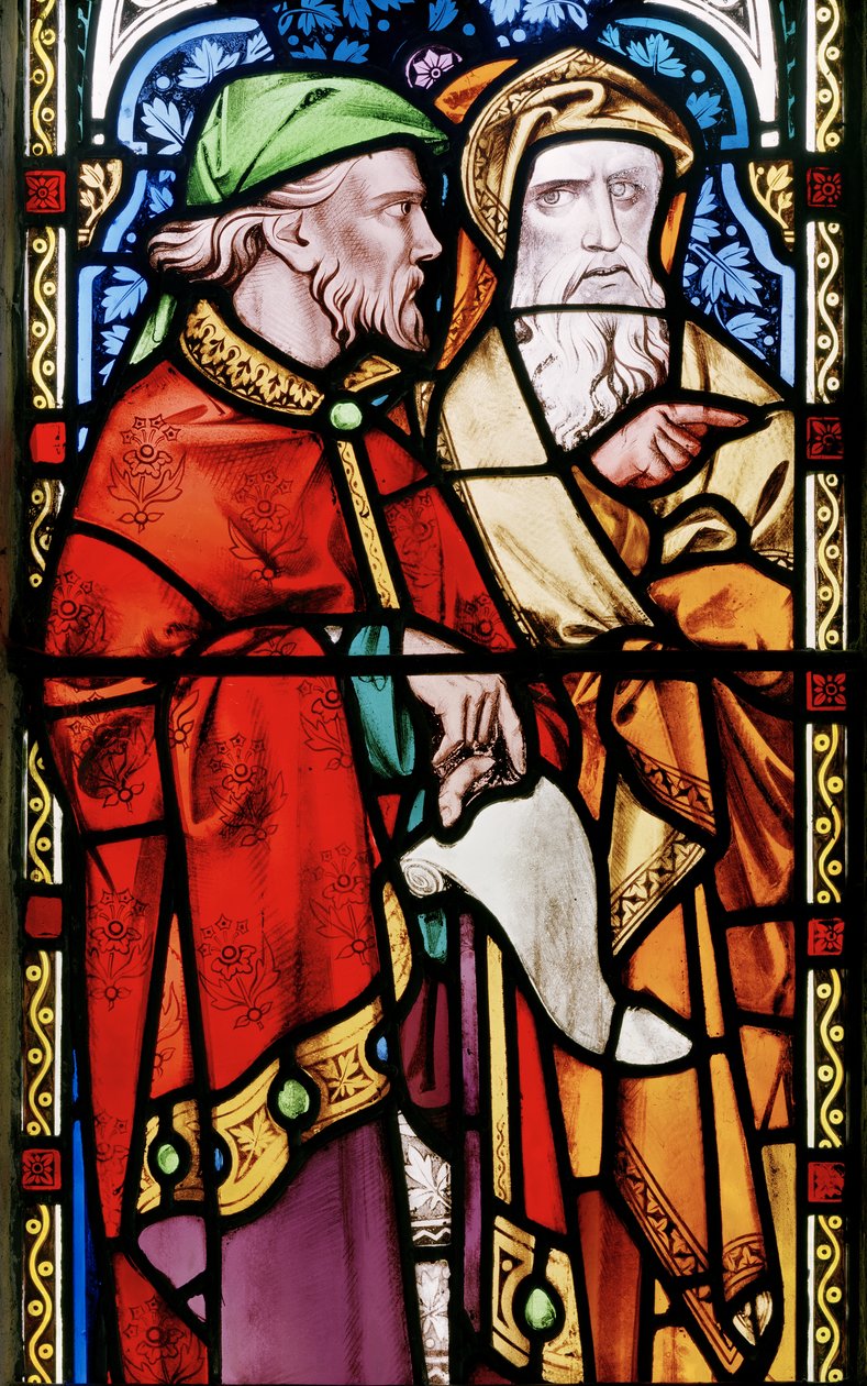 To mænd lytter til Johannes Døberen, der prædiker, detalje fra det østlige vindue, 1857 (glasmaleri) af Alfred Bell