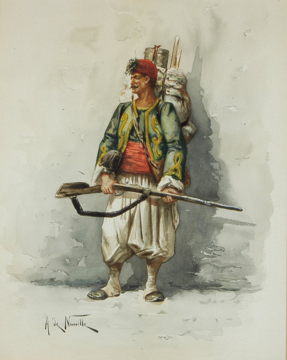 Militærfigur (w/c & vask om bord) af Alfred Brunel de Neuville