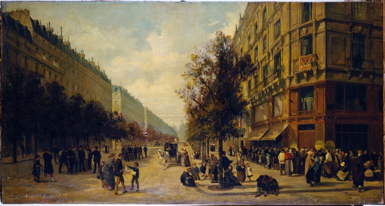 Hale ved døren til en købmandsbutik (hjørnet af rue Réaumur og boulevard Sébastopol) i november 1870, 1871 (olie på lærred) af Alfred /Brunner Lacoste Emile (1838 81) Decaen
