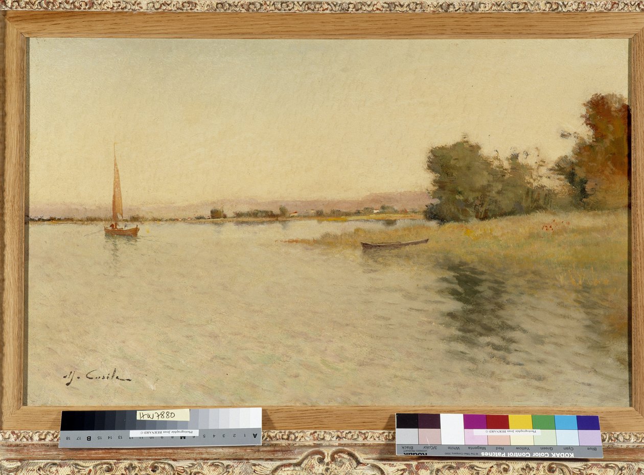 Båd og sejlbåd på bredden af søen Maleri af Alfred Casile (1848-1909) 20. århundrede Obligatorisk omtale: Samlingsstiftelsen mht. de Provence, Marseille af Alfred Casile