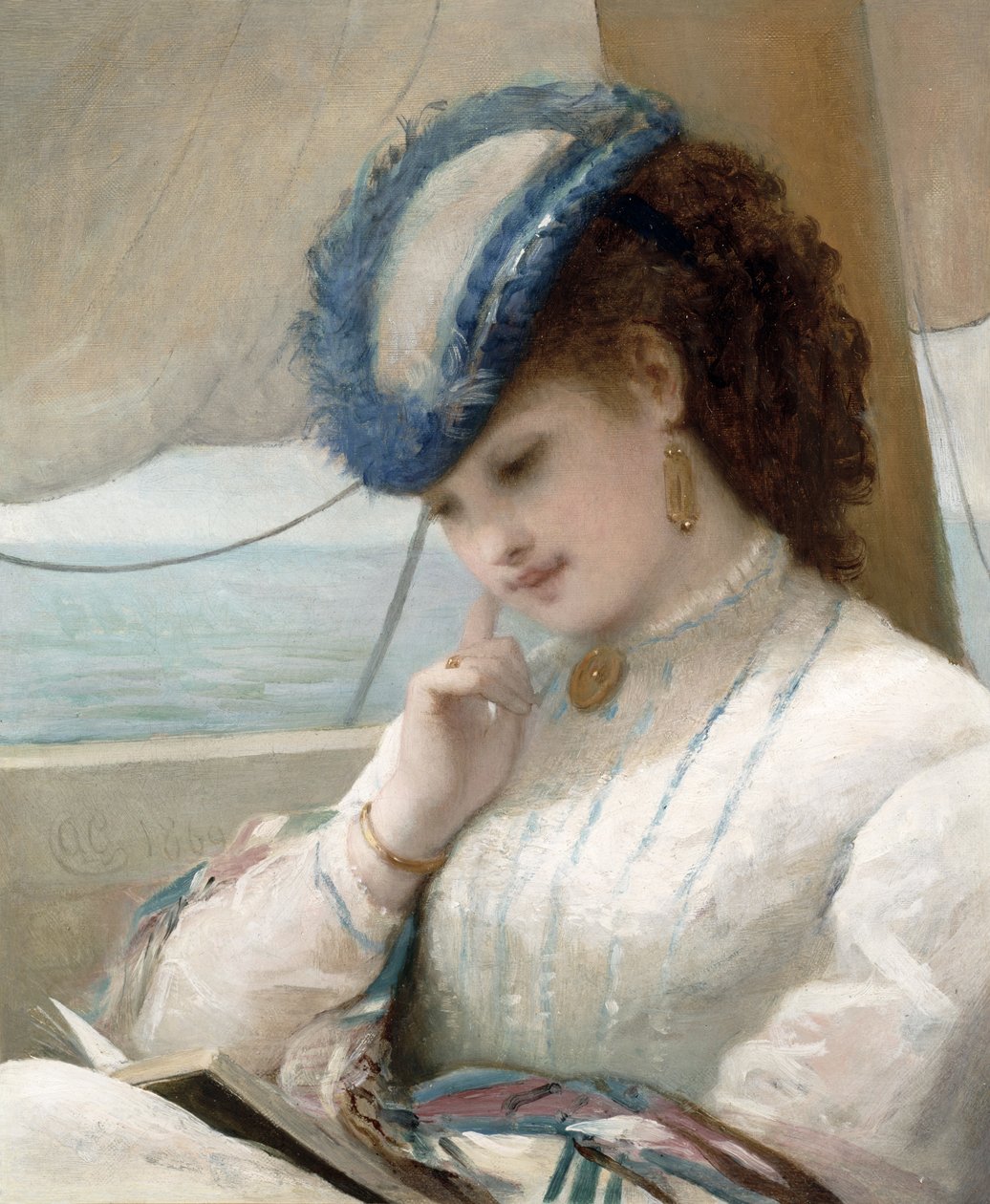 En pige læser i en sejlbåd af Alfred Chantrey Corbould