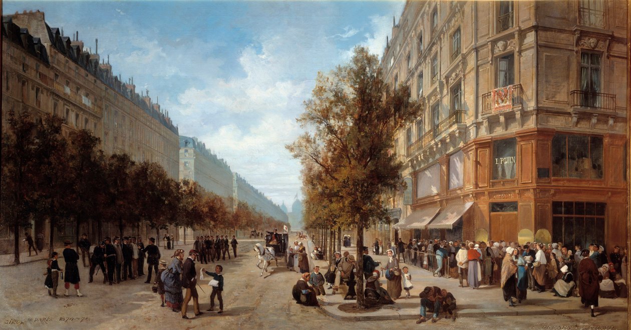 Paris hovedkvarter: "" Kø ved døren til en købmand (Felix Potin) på hjørnet af Rue Reaumur og Boulevard Sebastopol i november 1870"" Maleri af Alfred Decaen (1820-1893) 1870 Dim. 1x0,7 m Paris, Musee Carnavalet af Alfred Charles Ferdinand Decaen