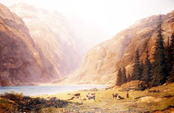 Et bjergrigt sølandskab med kvæg af Alfred Chavannes