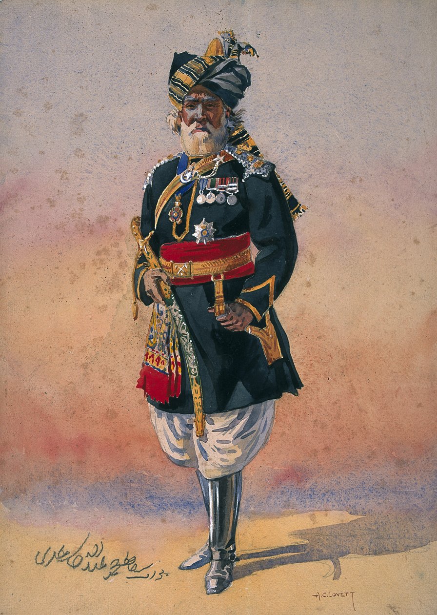 Æreskommando for indfødte Nawab Sir Hafiz Muhammad Abdullah Khan, KCIE, illustration til "Armies of India" af major G.F. MacMunn, udgivet i 1911, 1910 af Alfred Crowdy Lovett