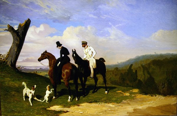 En pause på ridetur med hundene (olie på lærred) af Alfred Dedreux