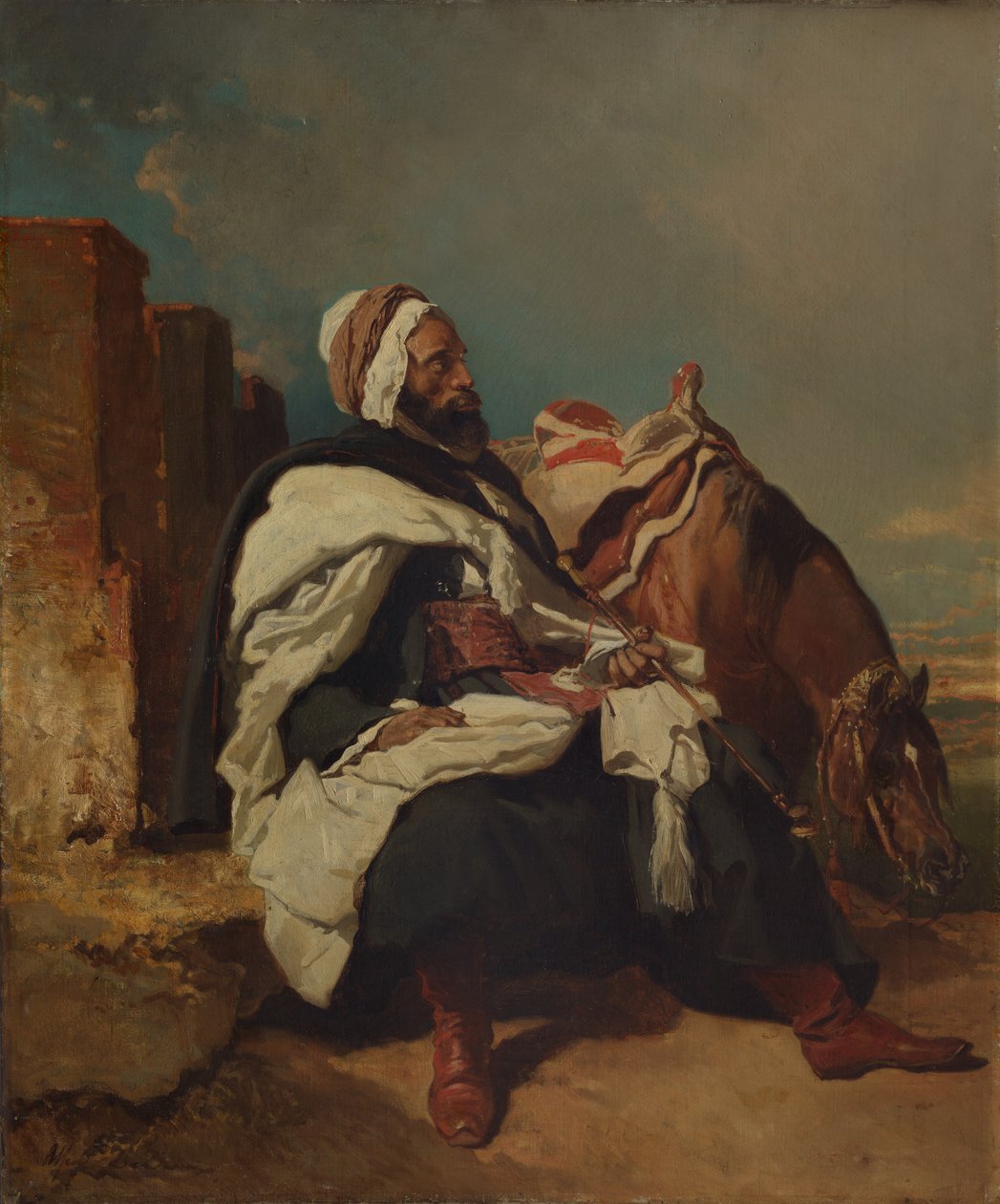 Siddende arabisk mand med hest, evt. 1850-58. af Alfred Dedreux