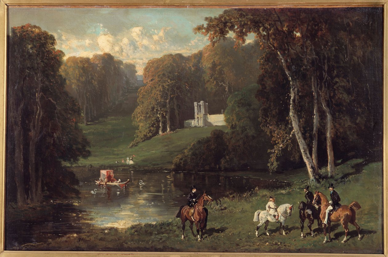Ryttere og amazoner ved bredden af en sø Maleri af Alfred de Dreux (1810-1860) 1800-tallets søn. 0,43x0,65 m af Alfred Dedreux