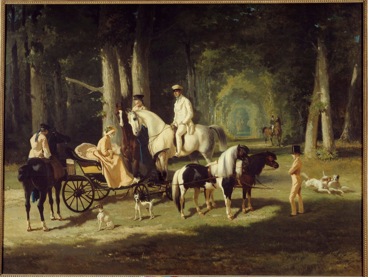 Hr. og fru A. Mosselman og deres to døtre går gennem skoven på hesteryg. Maleri af Alfred de Dreux (1810-1860) 1848 søn. 2x2,65 m Paris, museum for Petite Palais af Alfred Dedreux
