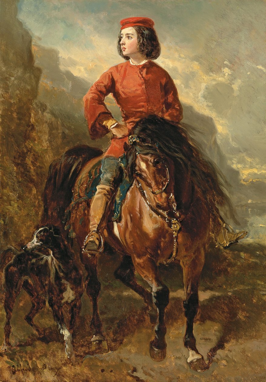 Ung Rytter paa en Shetland, med en Greyhound; Jeune cavalier montant un shetland et levrier, 1800-tallet af Alfred Dedreux