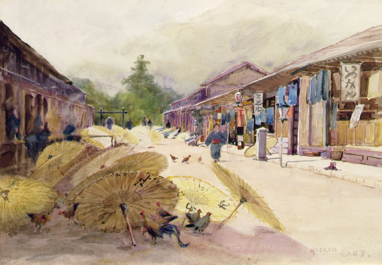 Tørring af paraplyer efter en regnstorm, ca. 1889 (akvarel på papir) af Alfred East