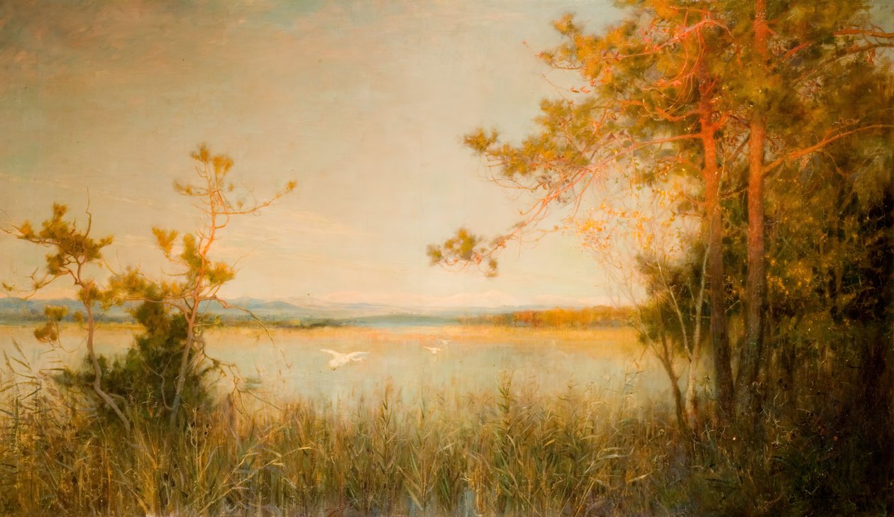Reedy Mere And Sunlit Hills, 1890-91. af Alfred Edward East