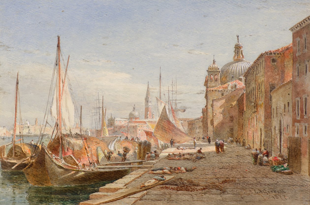 Pramme ved en kaj, Venedig af Alfred Edward Goodall