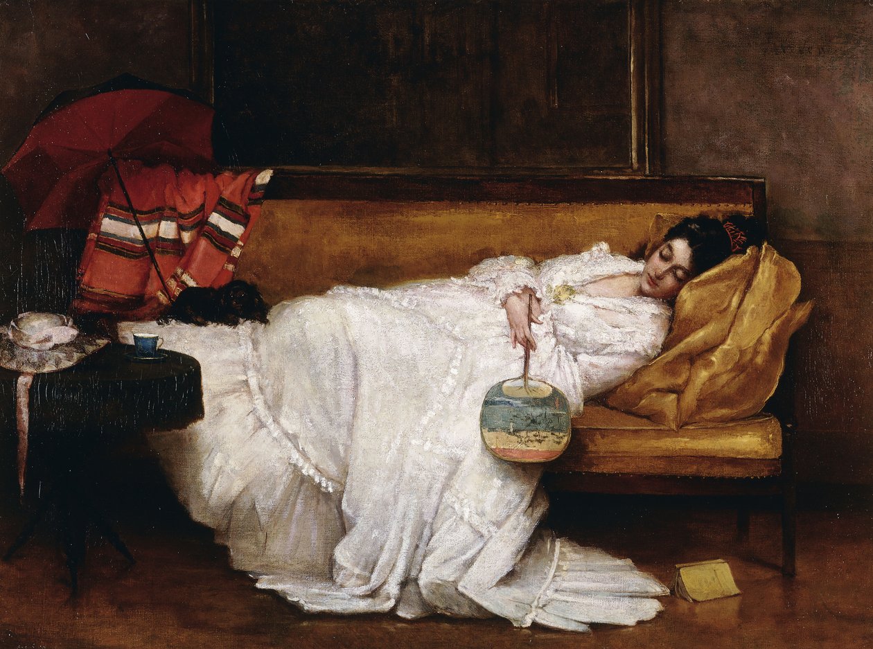 En pige med en japansk fan sover på en sofa, af Alfred Emile Stevens