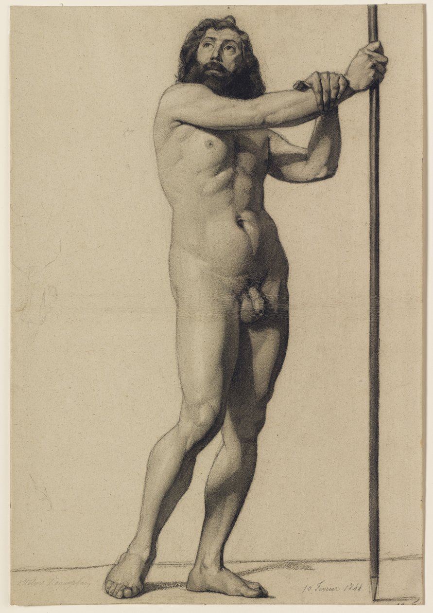 Akademisk figurstudie: nøgen mand med en stab, 1844 af Alfred Emile Stevens