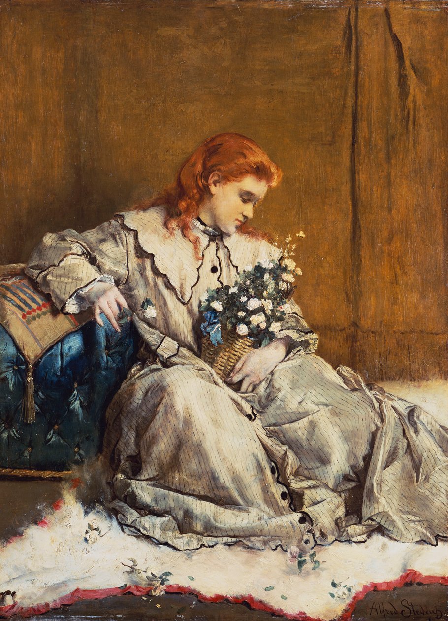 Dagdrøm, ung rødhovedet pige med blå osmannisk af Alfred Emile Stevens