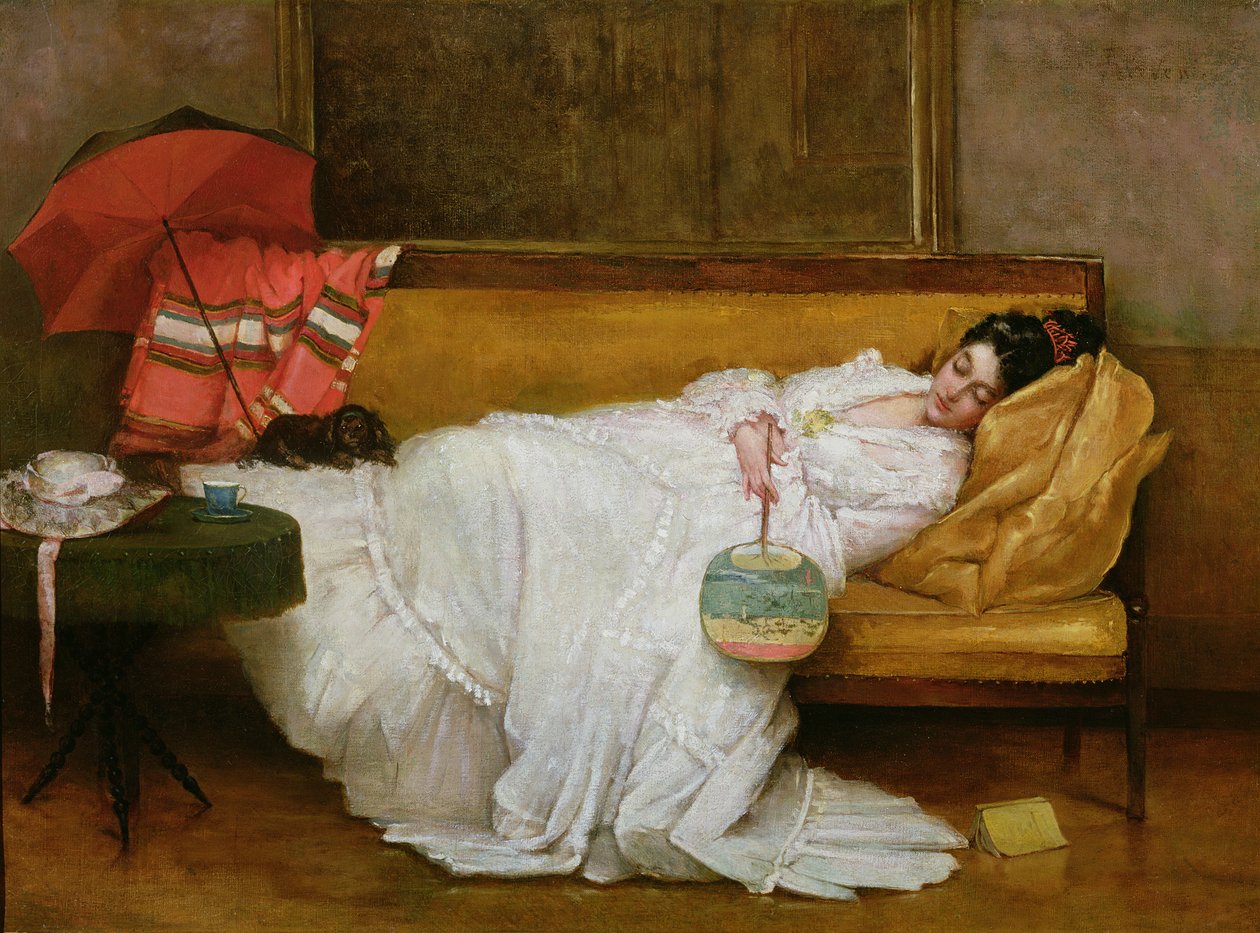 Pige i en hvid kjole hviler på en sofa af Alfred Emile Stevens