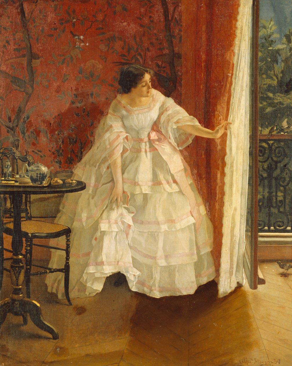 Dame ved et vindue, der fodrer fugle, ca. 1859 af Alfred Emile Stevens