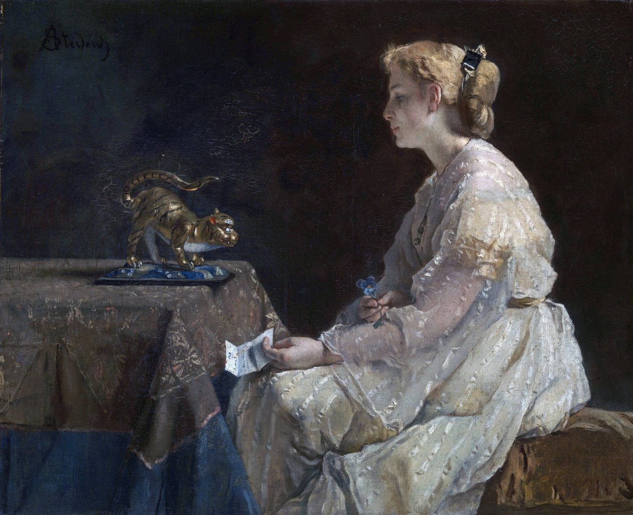 ""Nutiden"" En ung kvinde opdager en kattestatuette - Maleri af Alfred Stevens (1823-1906) omkring 1870 London National Gallery af Alfred Emile Stevens