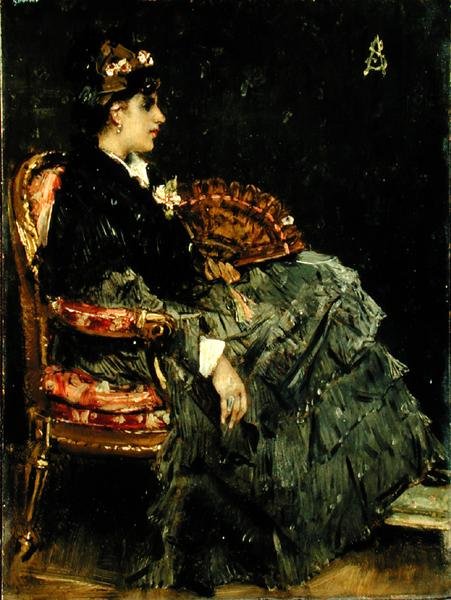Siddende dame med ventilator (olie på panel) af Alfred Emile Stevens