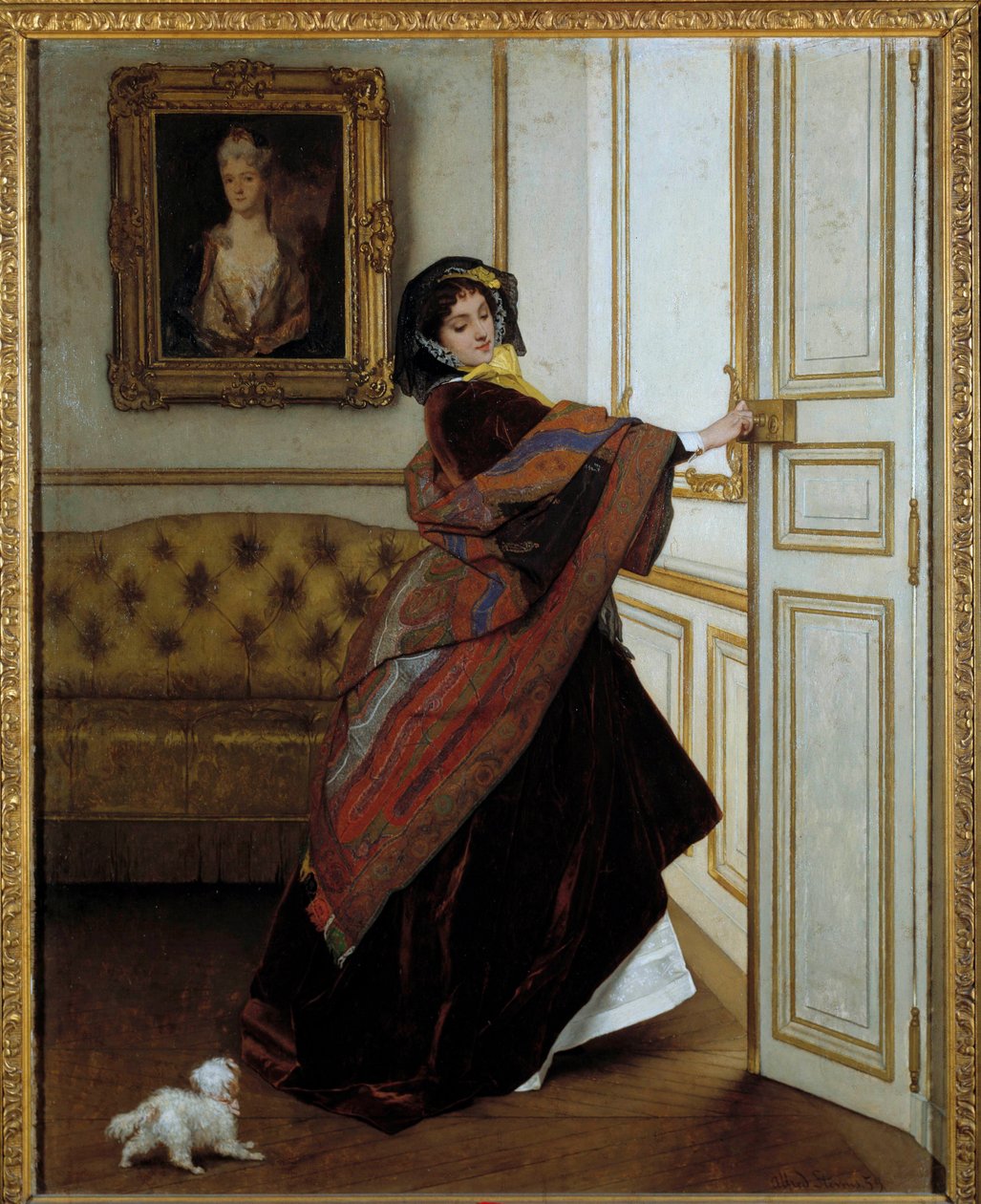 The Lady with the Little Dog Maleri af Alfred Stevens (1823-1906) 1859. Olie på lærred. Mål: 61,6x48,9cm. Privat samling af Alfred Emile Stevens
