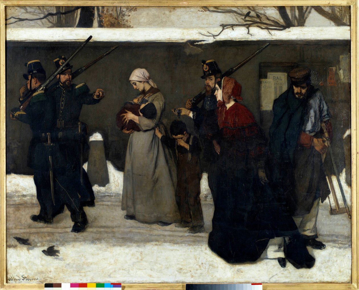 Den såkaldte vagranty siger også, at jægerne fra Vincennes National guard stopper familier på gaden. Maleri af Alfred Stevens (1823-1906) søn. 1,3x1,6 m Paris, musee d