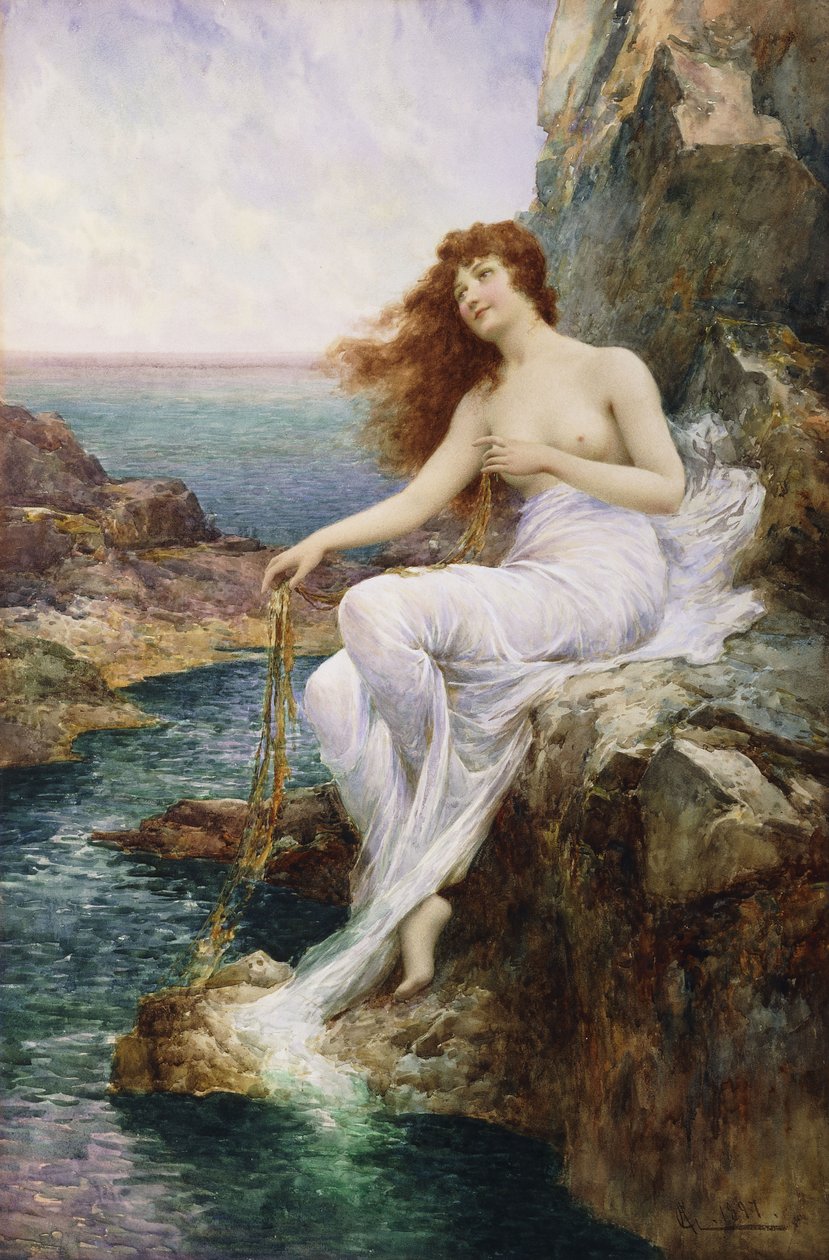 En havnymfe siddende på en klippe med et bånd af tang, 1897 af Alfred Glendening