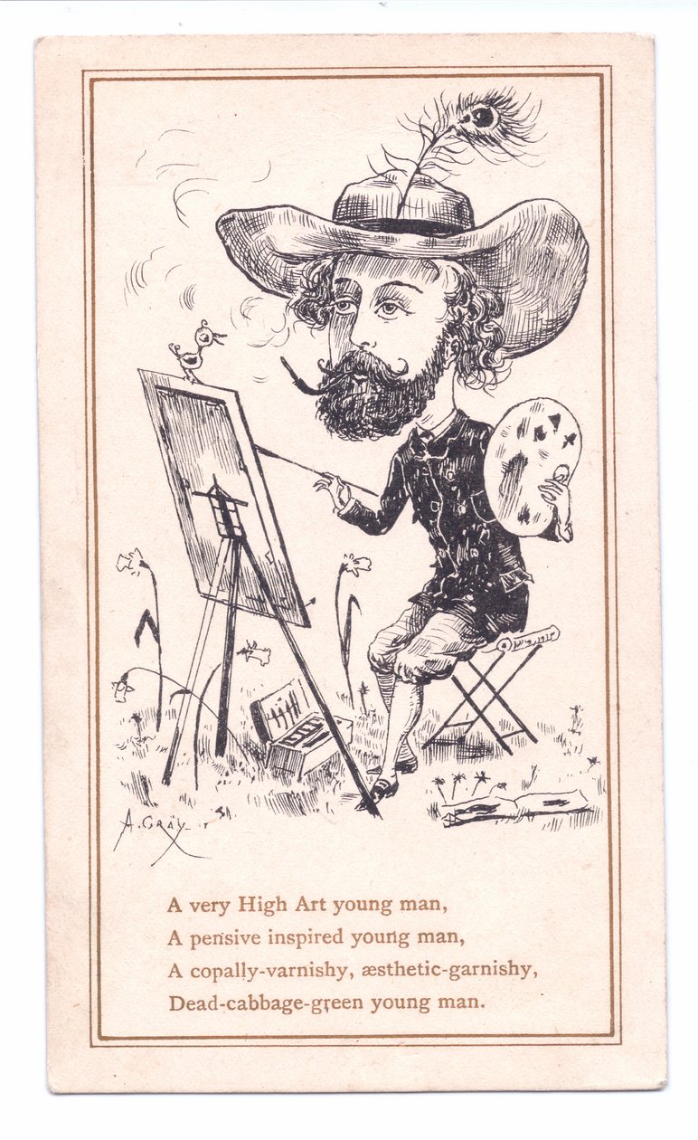 Victoriansk lykønskningskort af en æstetisk kunstner, der maler et billede, ca. 1881 (monokrom) af Alfred Gray