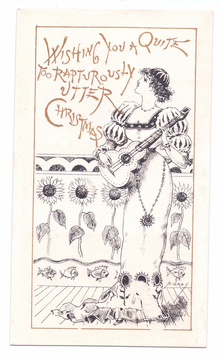 Victoriansk lykønskningskort af en æstetiker, der spiller en violin, ca. 1881 (monokrom) af Alfred Gray
