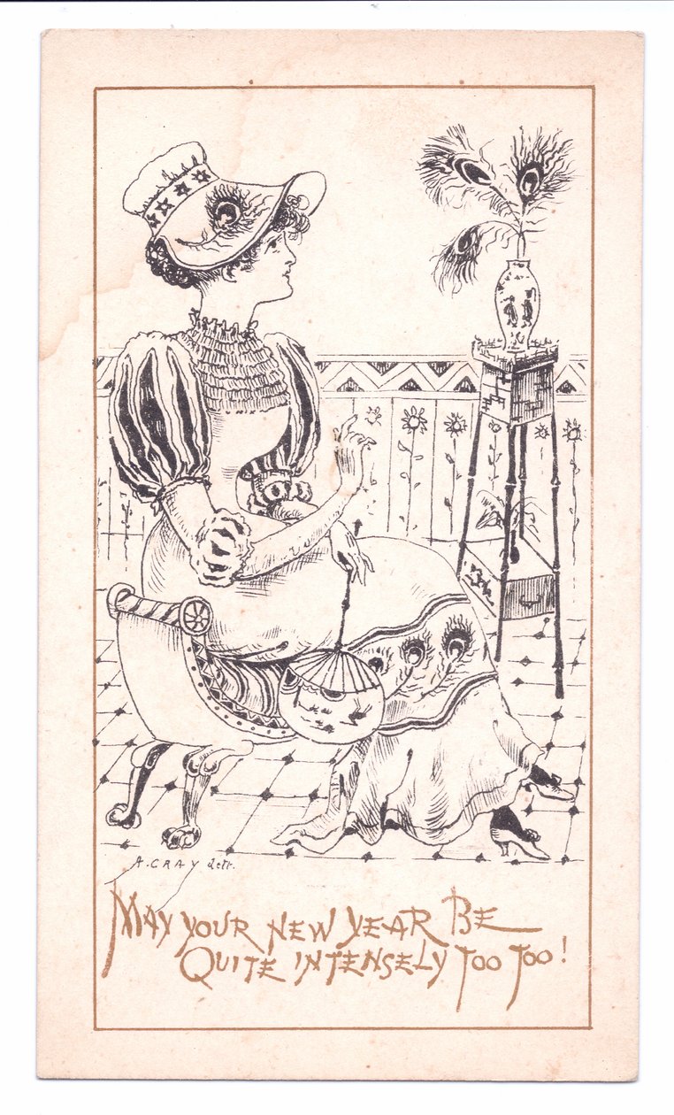 Victoriansk nytårskort af en æstetik, der beundrer en vase med påfuglefjer, ca. 1881 (monokrom) af Alfred Gray