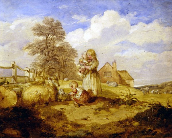 Børn og får under et træ (olie på lærred) af Alfred H. Green